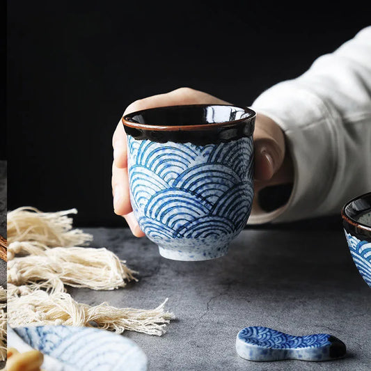 ANTOWALL Japanese Sea Wave Design Cups Ceramic Teacup Water Cup